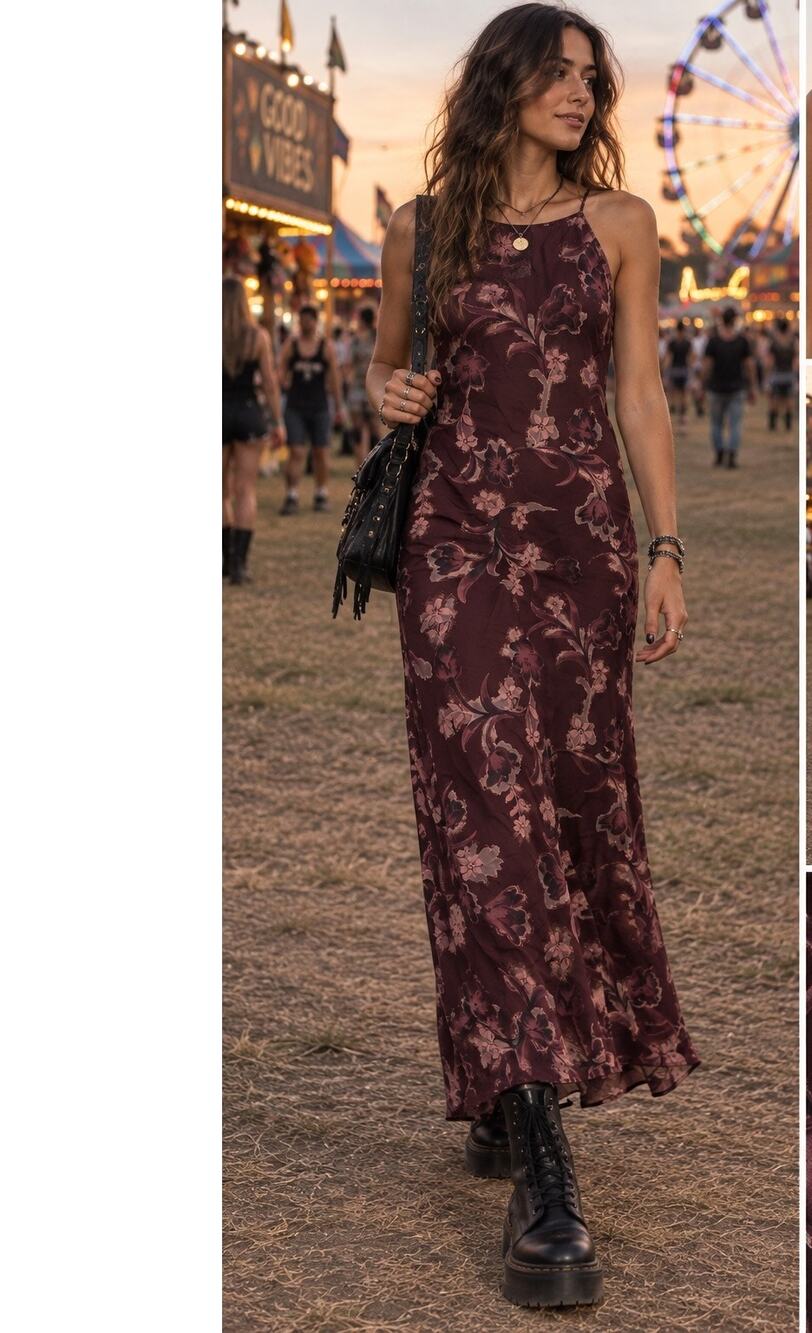 La Belle Vintage 90s Floral Maxi Dress Sz 9 Burgundy Grunge Cottagecore Made USA